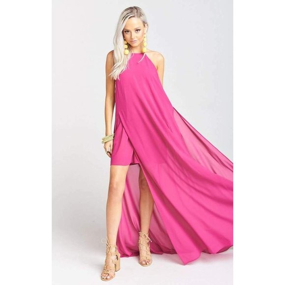Show Me Your MuMu Bronte Maxi Dress Size XS Fuchsia Pop Pink Side Slits Chiffon - Picture 4 of 11